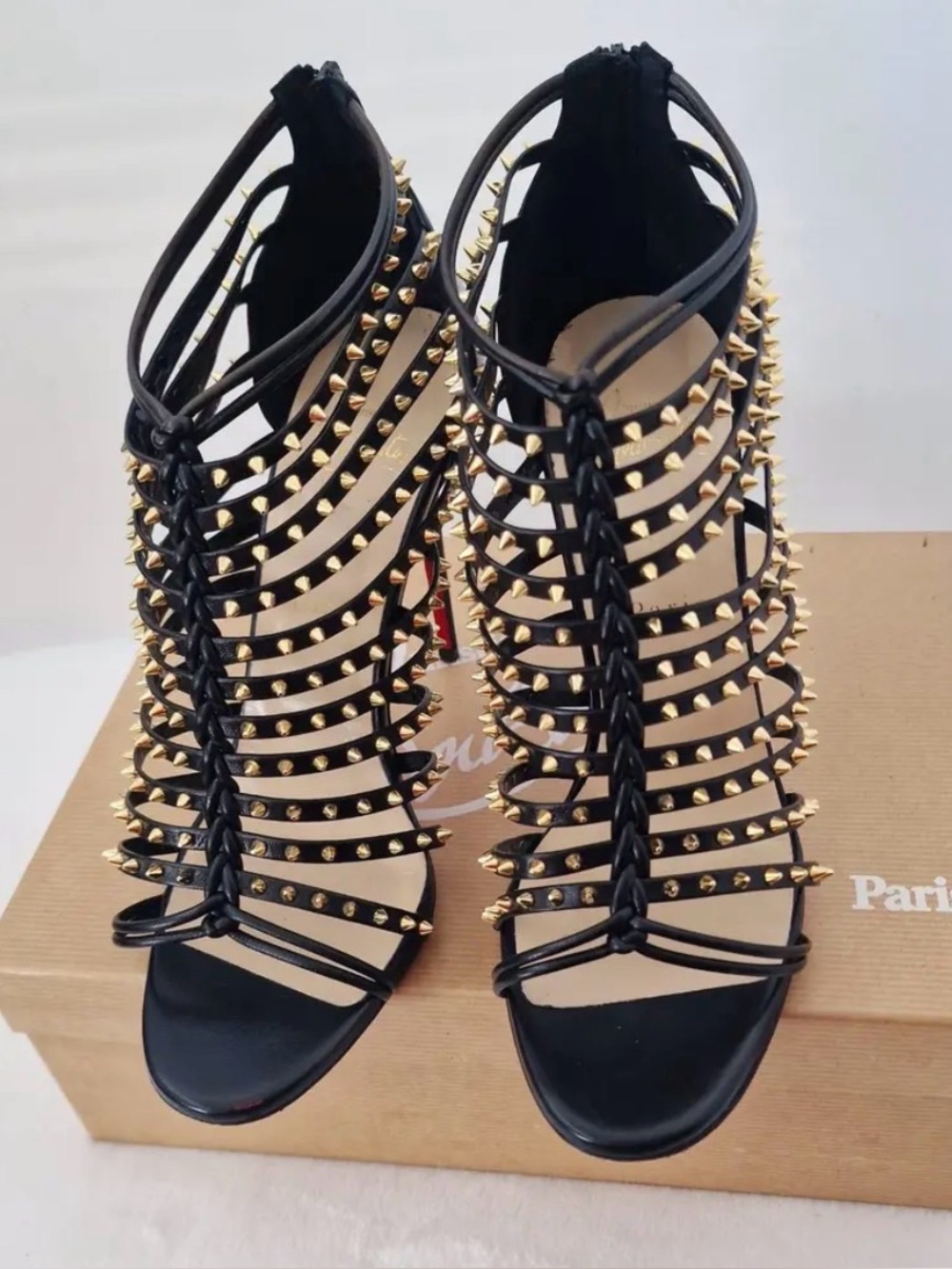 Christian Louboutin Black Silver-Stud Cage Heels_NWT